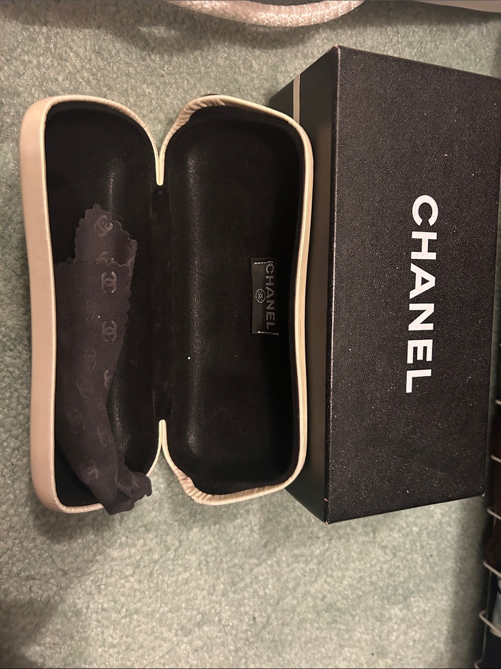 Vintage CHANEL Beige Sunglasses Case with Black Interior and Logo Box